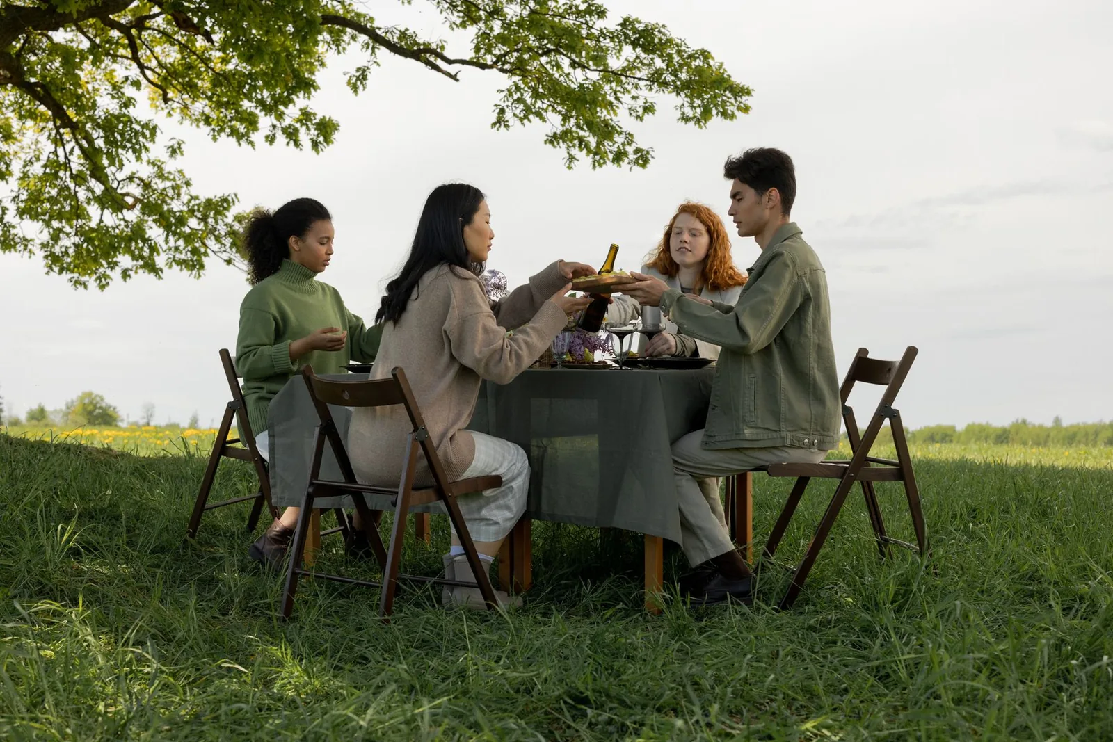 Friends sharing an outdoor meal under a tree